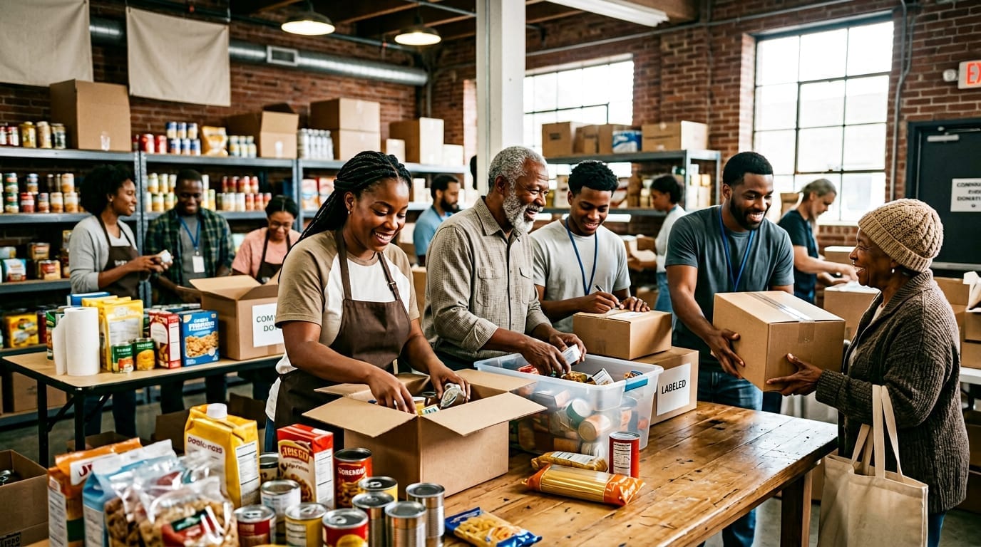 Black volunteers and community members giving back — food bank, volunteering, charitable support