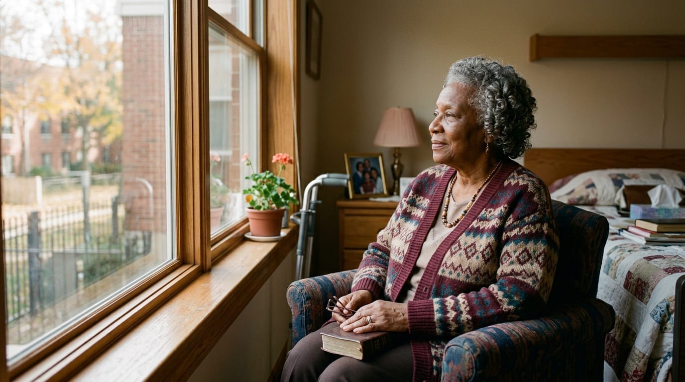 Elderly Black woman in quiet reflection by a window, representing loneliness, resilience, and the need for connection